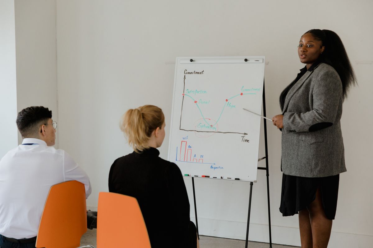 A coach leading a workshop for a small group